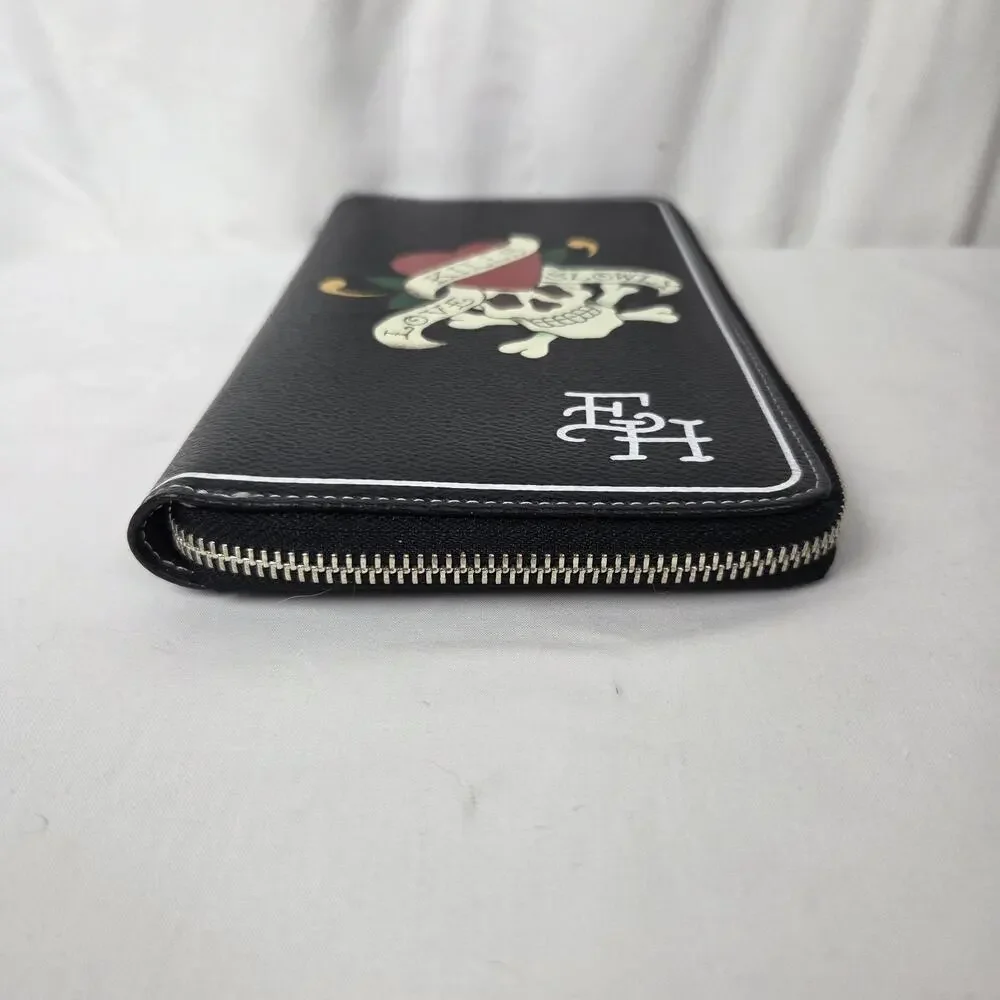 Ed Hardy Black Skull Love Kills Slowly Wallet Zip Around Card Holder Pocket Book